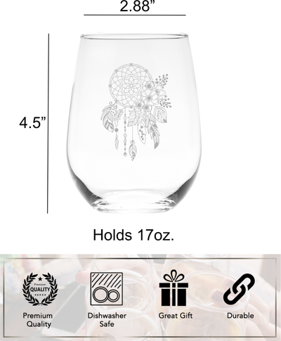 Dreamcatcher Stemless Wine Glass - Dreamcatcher Themed Gift for Women and Men - 17 oz.