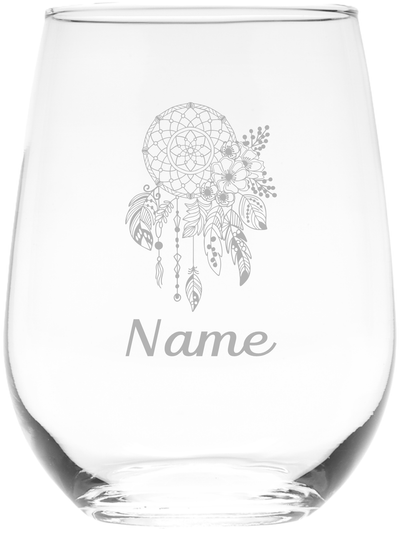 Dreamcatcher with Name 17 oz.  Custom Stemless Wine Glass - Personalized Dreamcatcher Themed Gift for Women and Men