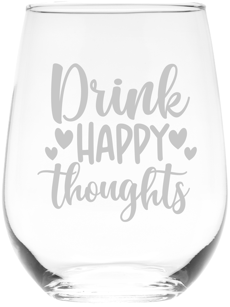 Drink Happy Thoughts Stemless Wine Glass - Funny Gifts for Women - 17 oz.