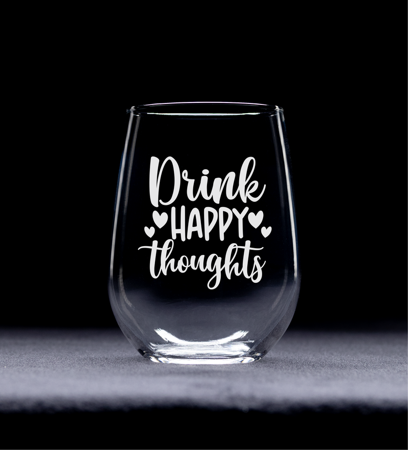 Drink Happy Thoughts Stemless Wine Glass - Funny Gifts for Women - 17 oz.