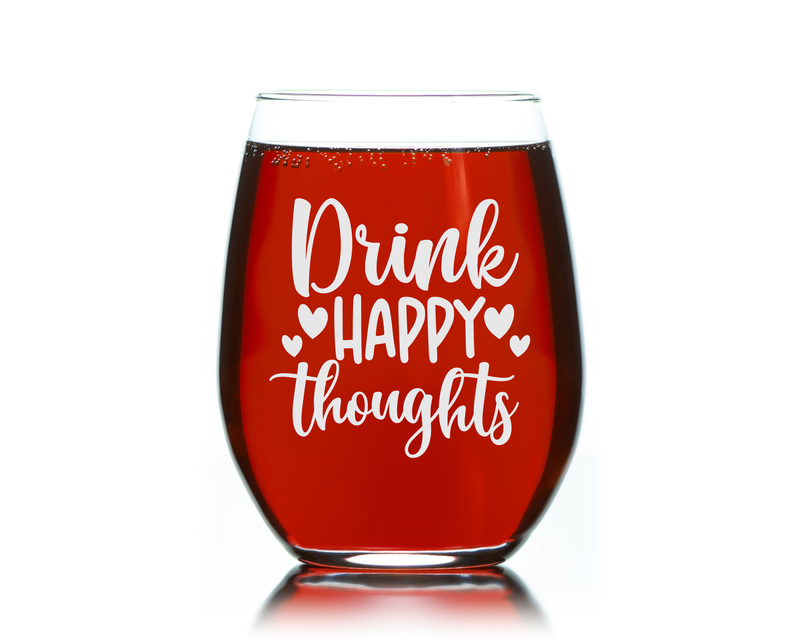 Drink Happy Thoughts Stemless Wine Glass - Funny Gifts for Women - 17 oz.