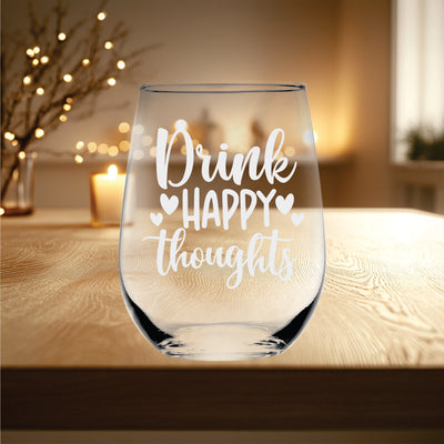 Drink Happy Thoughts Stemless Wine Glass - Funny Gifts for Women - 17 oz.