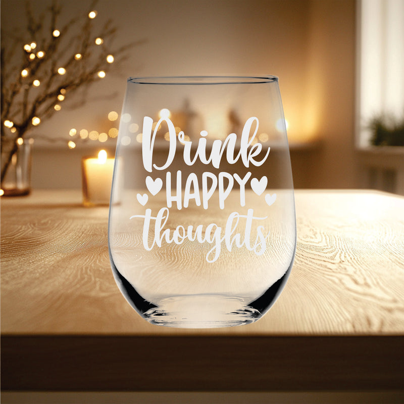 Drink Happy Thoughts Stemless Wine Glass - Funny Gifts for Women - 17 oz.