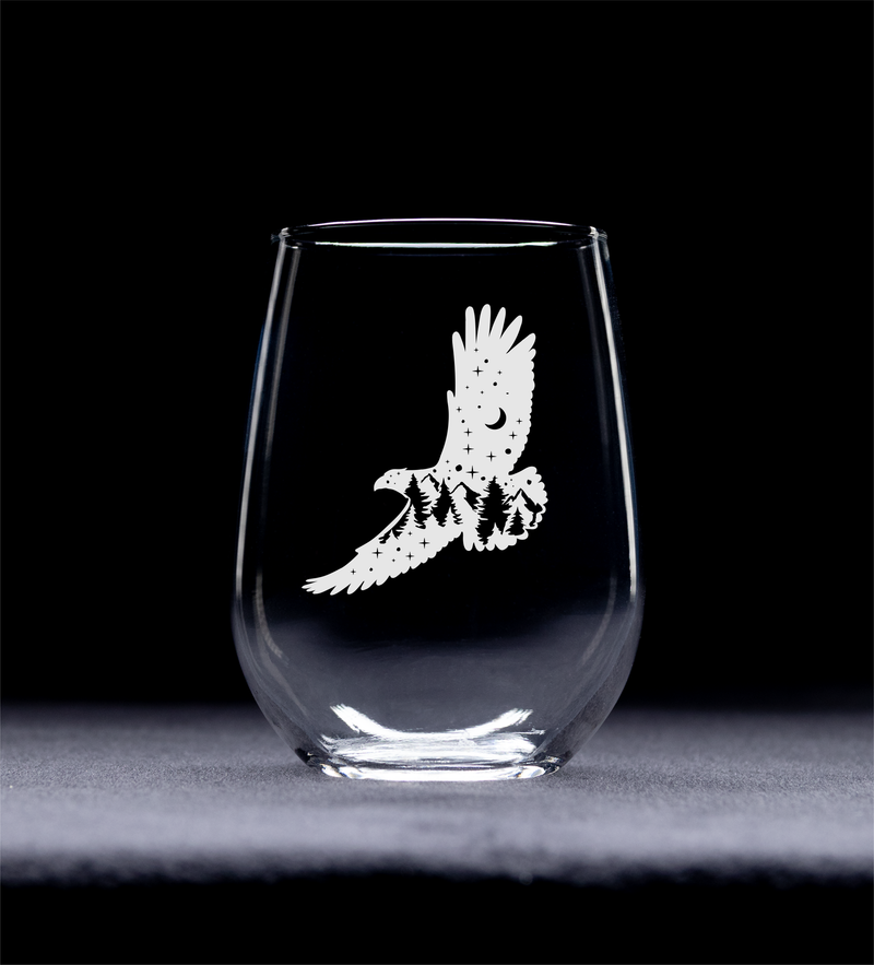 Eagle Stemless Wine Glass - Eagle Themed Gift for Women and Men - 17 oz.  (Style E2)