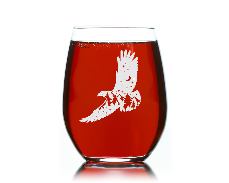 Eagle Stemless Wine Glass - Eagle Themed Gift for Women and Men - 17 oz.  (Style E2)
