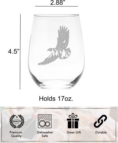 Eagle Stemless Wine Glass - Eagle Themed Gift for Women and Men - 17 oz.  (Style E2)