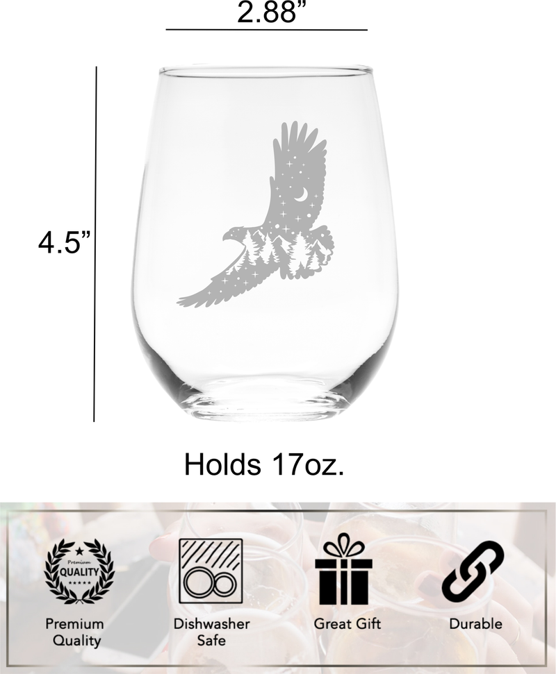 Eagle Stemless Wine Glass - Eagle Themed Gift for Women and Men - 17 oz.  (Style E2)