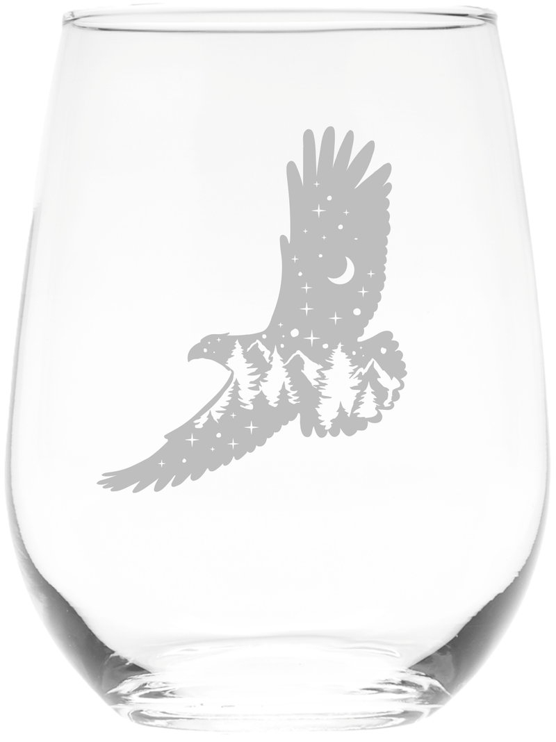 Eagle Stemless Wine Glass - Eagle Themed Gift for Women and Men - 17 oz.  (Style E2)