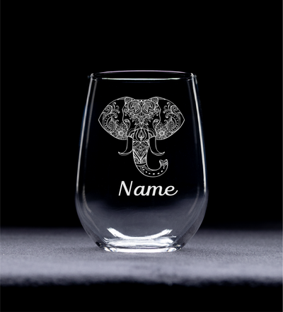 Elephant with Name, 17. oz Custom Stemless Wine Glass - Personalized Elephant Themed Gift for Women and Men
