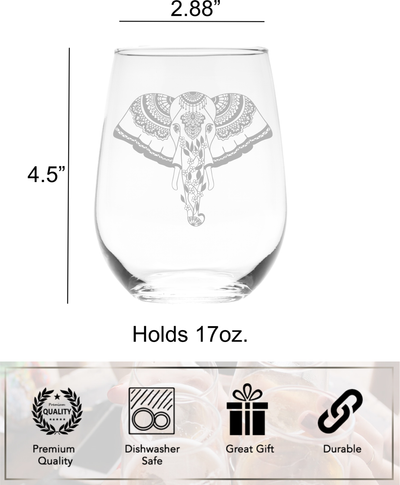 Elephant Stemless Wine Glass-  Elephant Themed Gift for Men and Women  17 oz. (Style E3)