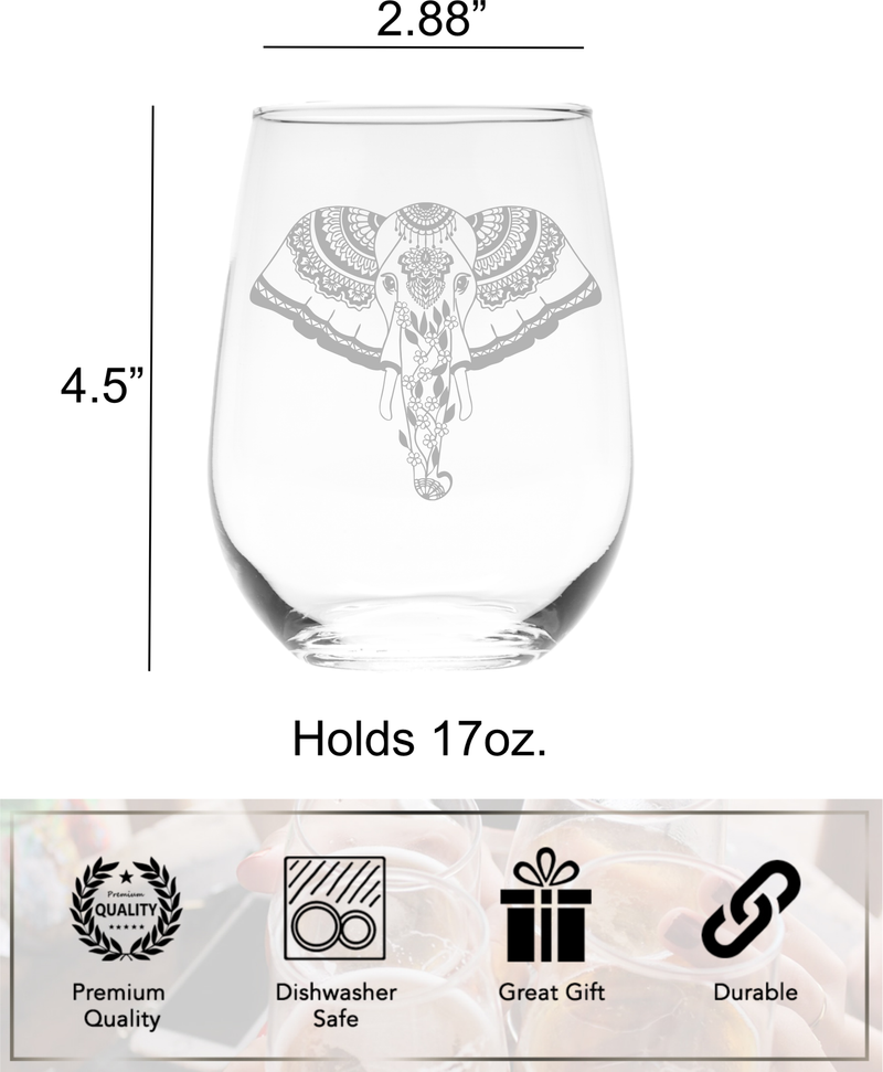 Elephant Stemless Wine Glass-  Elephant Themed Gift for Men and Women  17 oz. (Style E3)