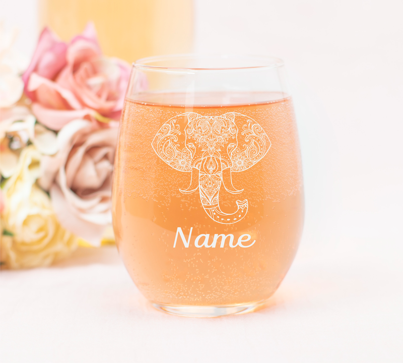 Elephant with Name, 17. oz Custom Stemless Wine Glass - Personalized Elephant Themed Gift for Women and Men
