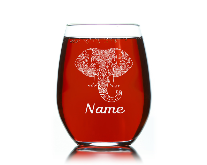 Elephant with Name, 17. oz Custom Stemless Wine Glass - Personalized Elephant Themed Gift for Women and Men