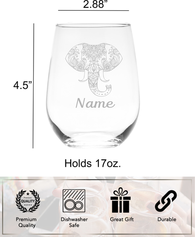 Elephant with Name, 17. oz Custom Stemless Wine Glass - Personalized Elephant Themed Gift for Women and Men