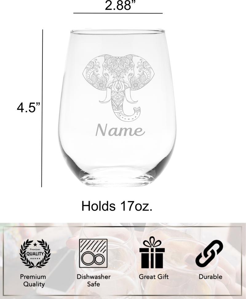 Elephant with Name, 17. oz Custom Stemless Wine Glass - Personalized Elephant Themed Gift for Women and Men