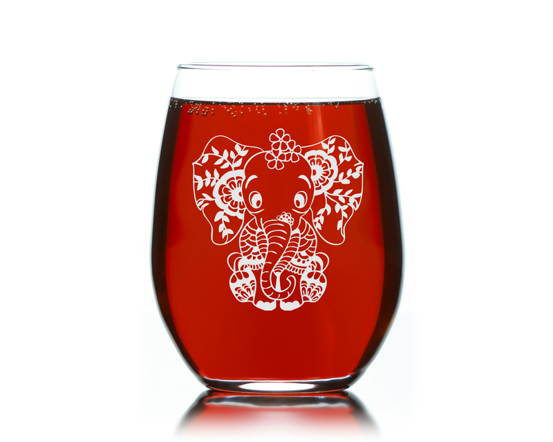 Elephant Stemless Wine Glass - Elephant Themed Gift for Women and Men -  17 oz. (Style BE1)