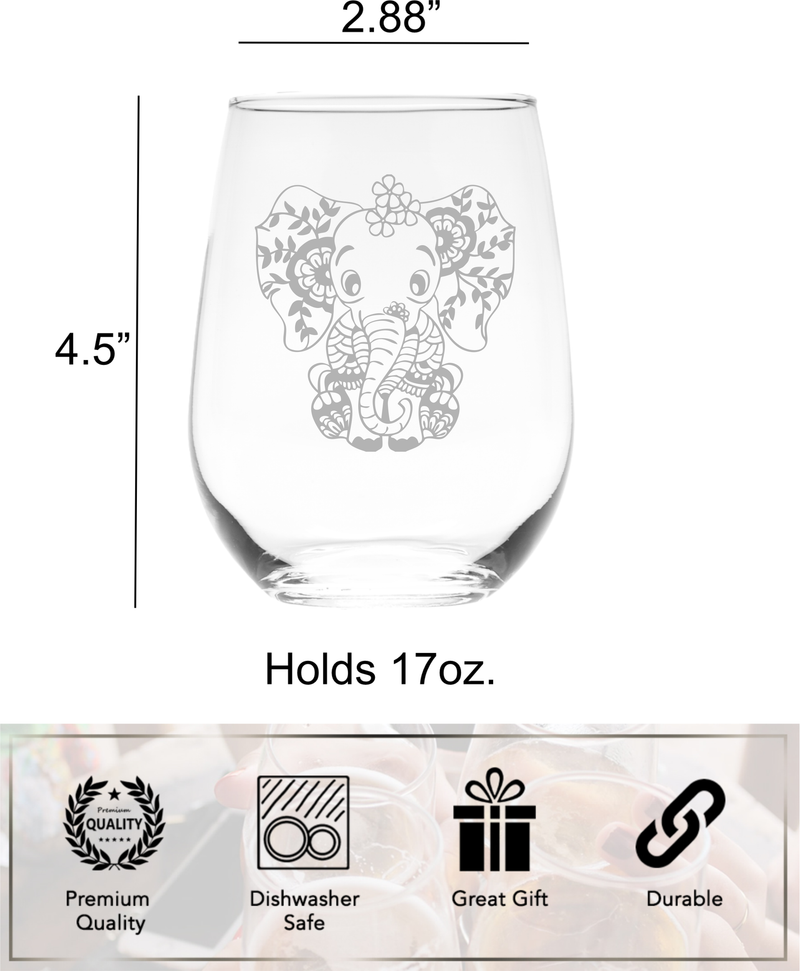 Elephant Stemless Wine Glass - Elephant Themed Gift for Women and Men -  17 oz. (Style BE1)