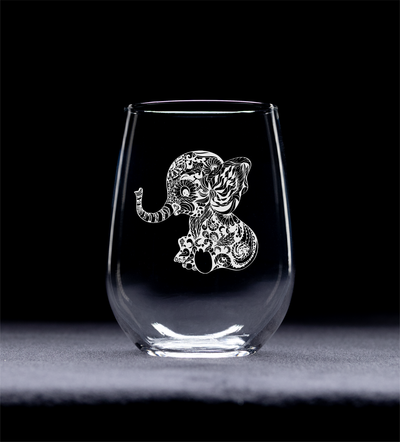 Elephant Stemless Wine Glass - Elephant Themed Gift for Women and Men - 17 oz. (Style BE2)