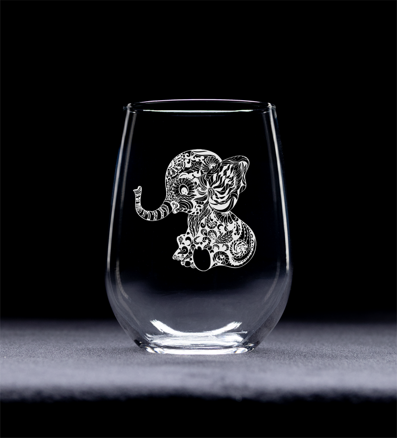 Elephant Stemless Wine Glass - Elephant Themed Gift for Women and Men - 17 oz. (Style BE2)