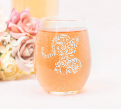 Elephant Stemless Wine Glass - Elephant Themed Gift for Women and Men - 17 oz. (Style BE2)