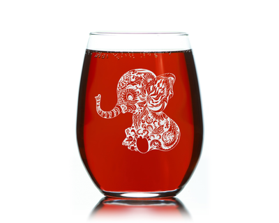 Elephant Stemless Wine Glass - Elephant Themed Gift for Women and Men - 17 oz. (Style BE2)