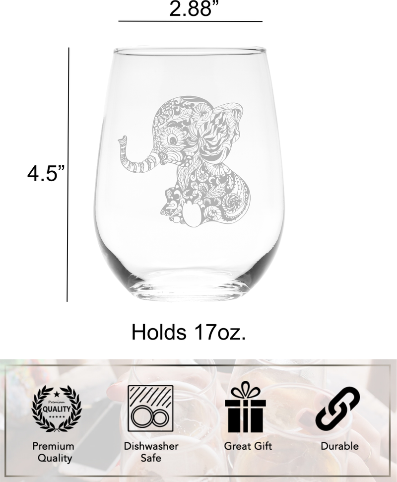 Elephant Stemless Wine Glass - Elephant Themed Gift for Women and Men - 17 oz. (Style BE2)