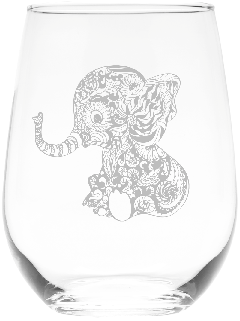 Elephant Stemless Wine Glass - Elephant Themed Gift for Women and Men - 17 oz. (Style BE2)