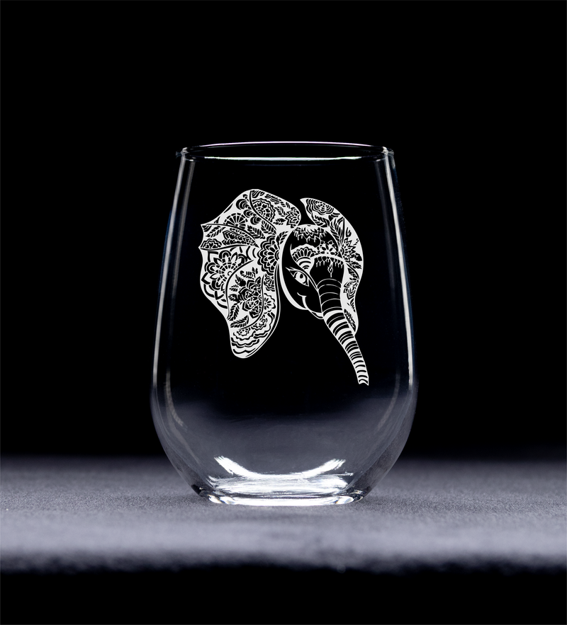 Elephant Stemless Wine Glass - Elephant Themed Gift for Women and Men -  17 oz. (Style E4)