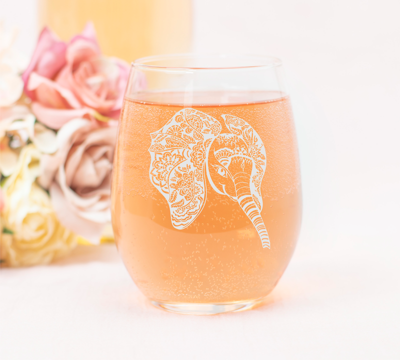 Elephant Stemless Wine Glass - Elephant Themed Gift for Women and Men -  17 oz. (Style E4)