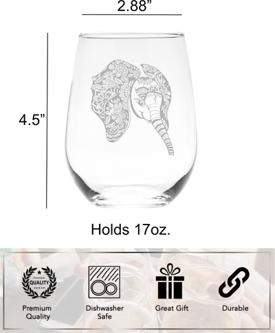 Elephant Stemless Wine Glass - Elephant Themed Gift for Women and Men -  17 oz. (Style E4)
