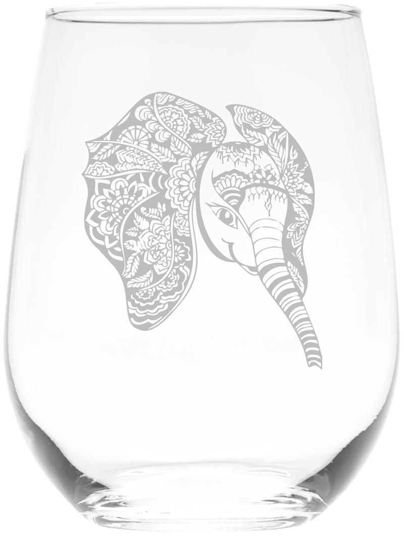 Elephant Stemless Wine Glass - Elephant Themed Gift for Women and Men -  17 oz. (Style E4)