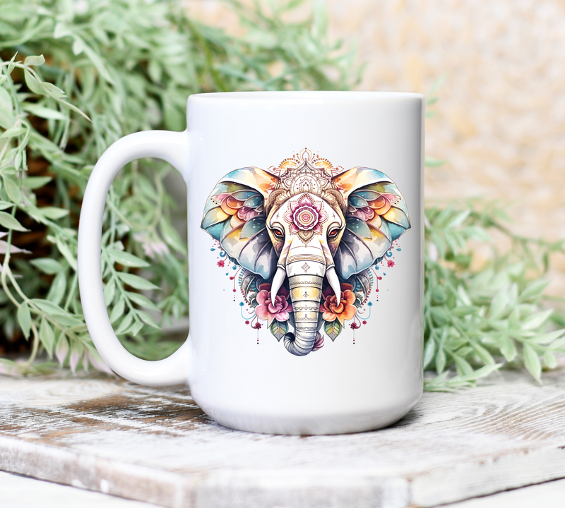 Mandala Elephant 15oz. Ceramic Coffee Mug - Elephant Themed Gift for Men and Women