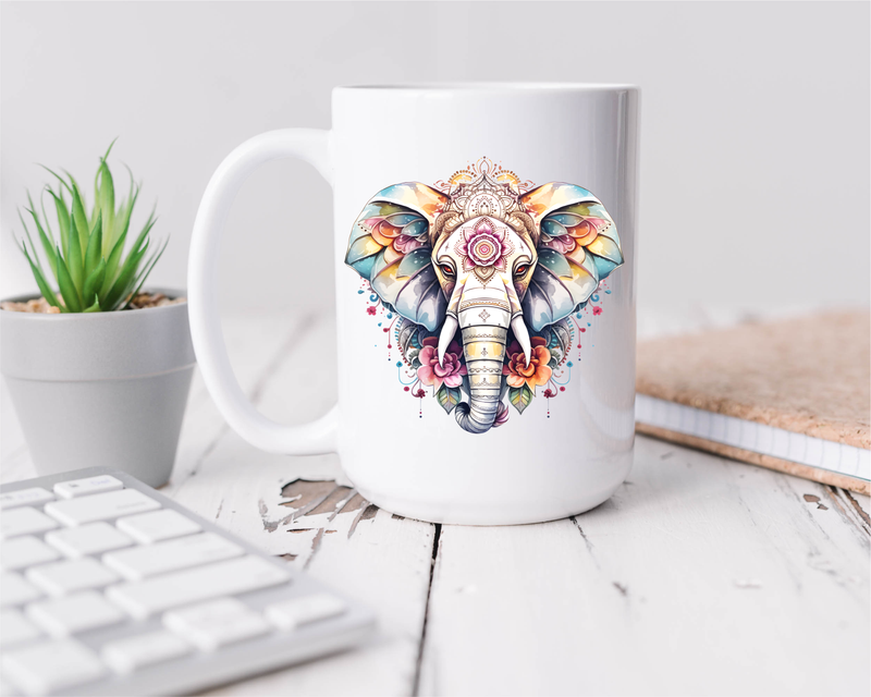 Mandala Elephant 15oz. Ceramic Coffee Mug - Elephant Themed Gift for Men and Women
