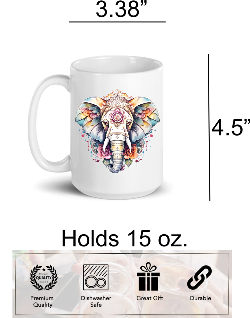 Mandala Elephant 15oz. Ceramic Coffee Mug - Elephant Themed Gift for Men and Women