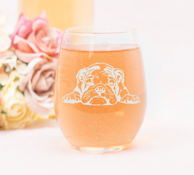 English Bulldog Themed, Dog Stemless Wine Glass, Dog Lover Gift for Men and Women - 17 oz.