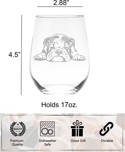 English Bulldog Themed, Dog Stemless Wine Glass, Dog Lover Gift for Men and Women - 17 oz.