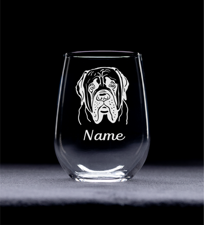 English Mastiff Dog with Name 17 oz.  Custom Stemless Wine Glass - Personalized English Mastiff Dog Themed Gift for Women and Men