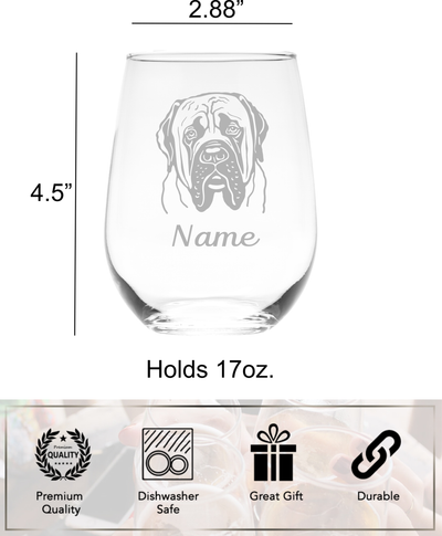 English Mastiff Dog with Name 17 oz.  Custom Stemless Wine Glass - Personalized English Mastiff Dog Themed Gift for Women and Men