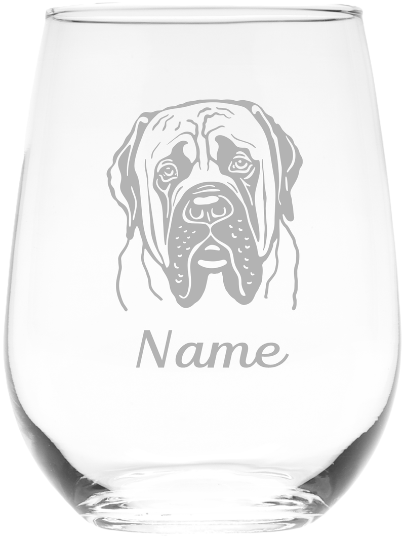 English Mastiff Dog with Name 17 oz.  Custom Stemless Wine Glass - Personalized English Mastiff Dog Themed Gift for Women and Men