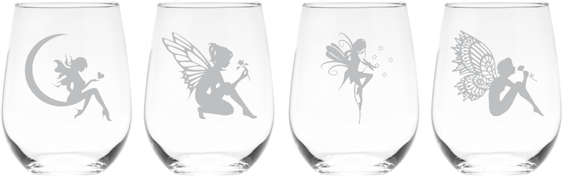 Fairy Stemless Wine Glass Set - 17 oz. - Fairy Themed Gift for Women and Men - 4 Pieces