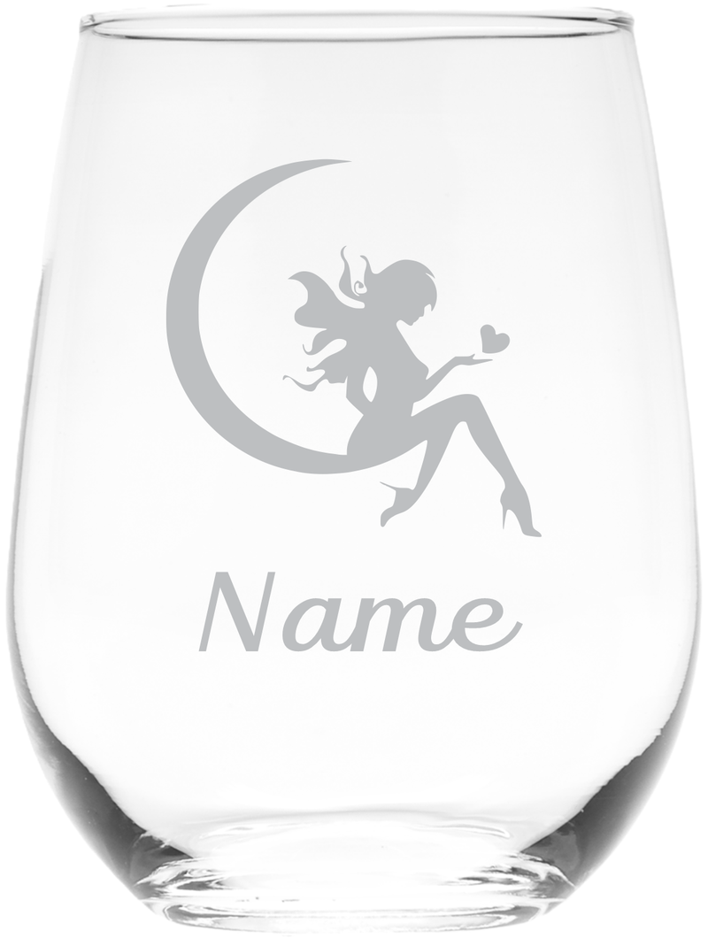 Fairy with Name, 17 oz.  Custom Stemless Wine Glass - Personalized Fairy Themed Gift for Women and Men