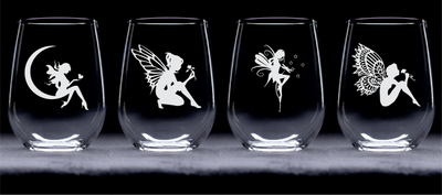 Fairy Stemless Wine Glass Set - 17 oz. - Fairy Themed Gift for Women and Men - 4 Pieces