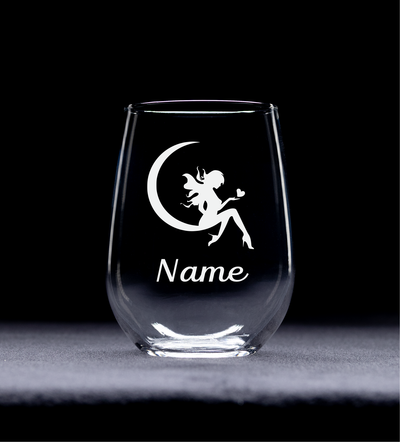 Fairy with Name, 17 oz.  Custom Stemless Wine Glass - Personalized Fairy Themed Gift for Women and Men