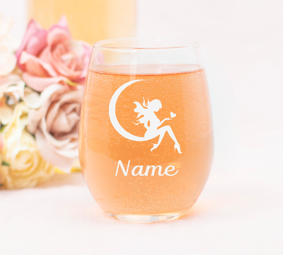 Fairy with Name, 17 oz.  Custom Stemless Wine Glass - Personalized Fairy Themed Gift for Women and Men