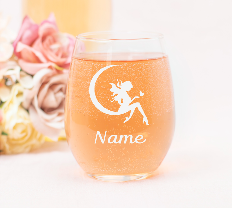 Fairy with Name, 17 oz.  Custom Stemless Wine Glass - Personalized Fairy Themed Gift for Women and Men
