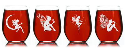 Fairy Stemless Wine Glass Set - 17 oz. - Fairy Themed Gift for Women and Men - 4 Pieces