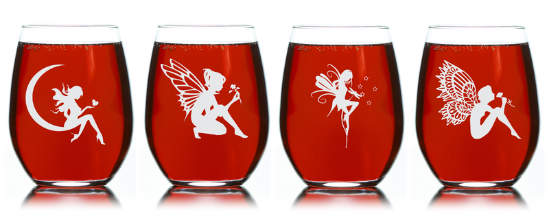 Fairy Stemless Wine Glass Set - 17 oz. - Fairy Themed Gift for Women and Men - 4 Pieces