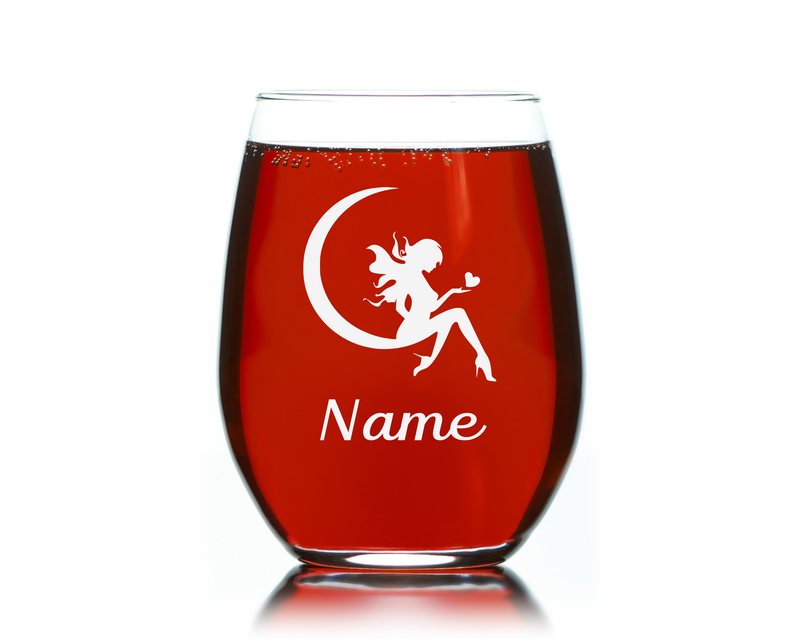 Fairy with Name, 17 oz.  Custom Stemless Wine Glass - Personalized Fairy Themed Gift for Women and Men