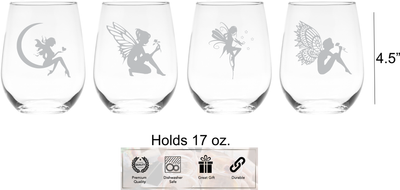Fairy Stemless Wine Glass Set - 17 oz. - Fairy Themed Gift for Women and Men - 4 Pieces