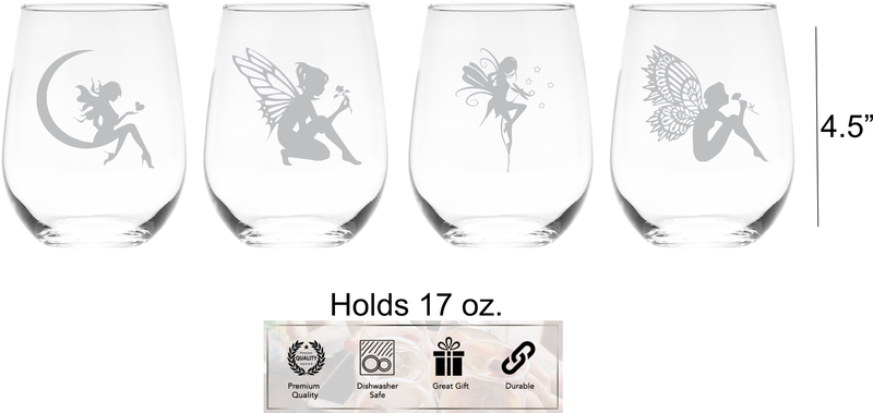 Fairy Stemless Wine Glass Set - 17 oz. - Fairy Themed Gift for Women and Men - 4 Pieces